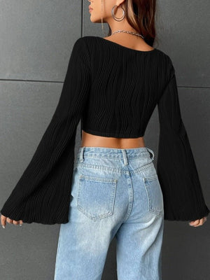 U - neck top water ripple slim crop top flared long - sleeved top - Negative Apparel