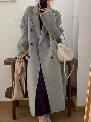 Unity Women's Long Gray Wool Coat With Buttons, Autumn - Negative Apparel