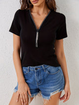 V - neck diamond pendant zipper solid color short - sleeved T-shirt - Negative Apparel