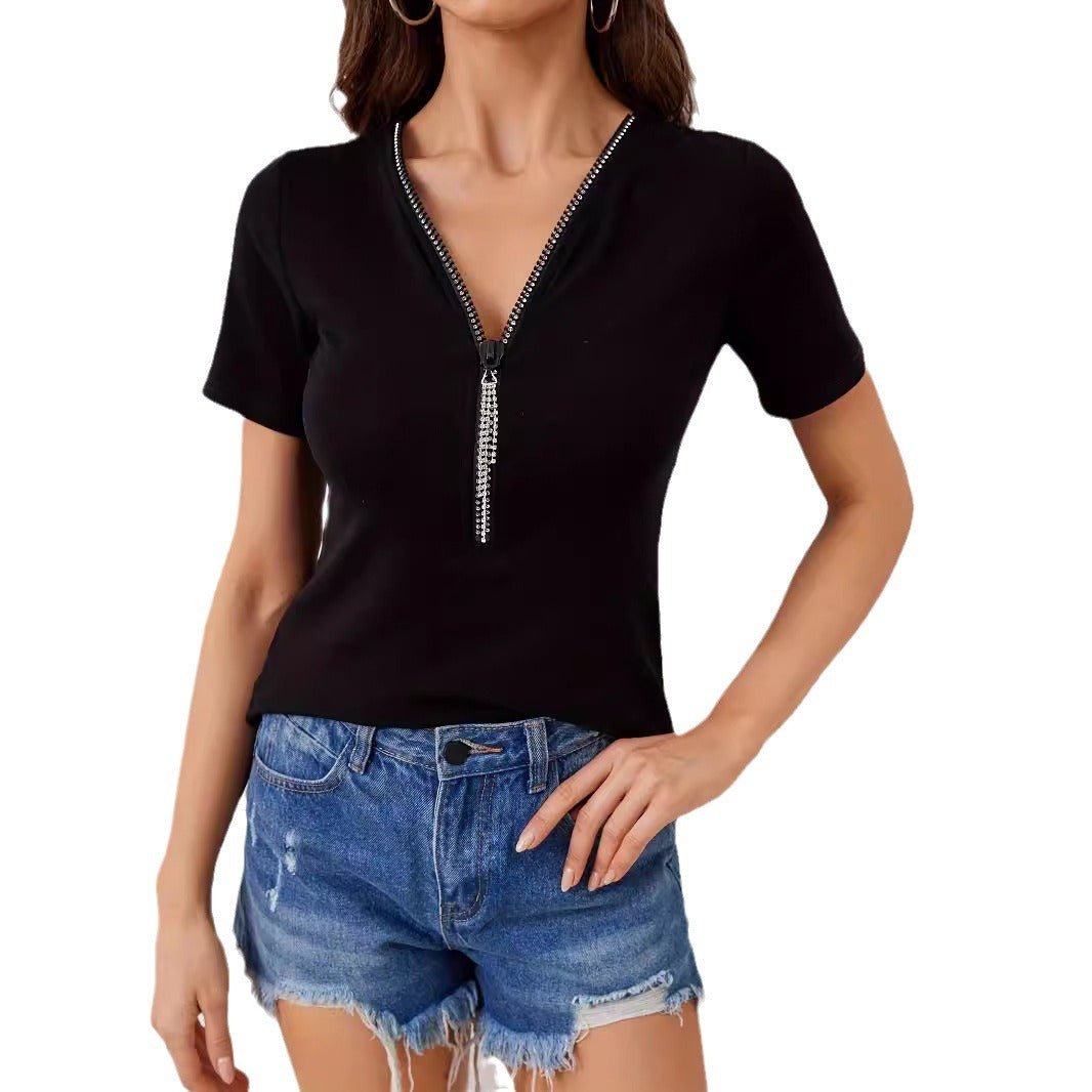 V - neck diamond pendant zipper solid color short - sleeved T-shirt - Negative Apparel