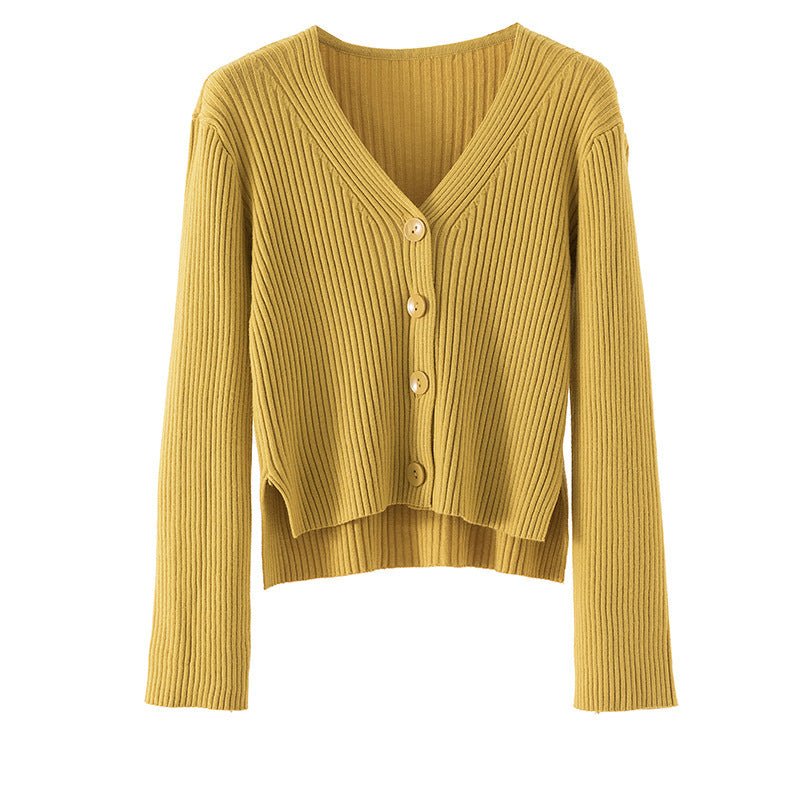 V - neck front short rear long solid color simple knitted sweater cardigan sweater jacket - Negative Apparel