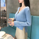 V - neck front short rear long solid color simple knitted sweater cardigan sweater jacket - Negative Apparel