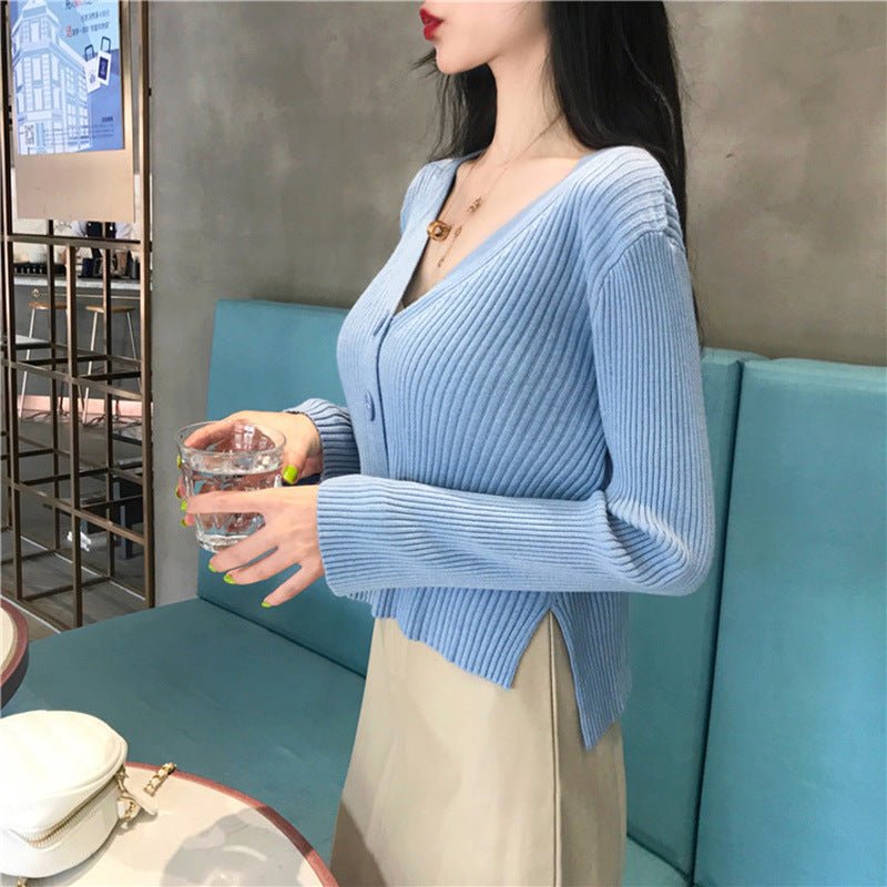 V - neck front short rear long solid color simple knitted sweater cardigan sweater jacket - Negative Apparel