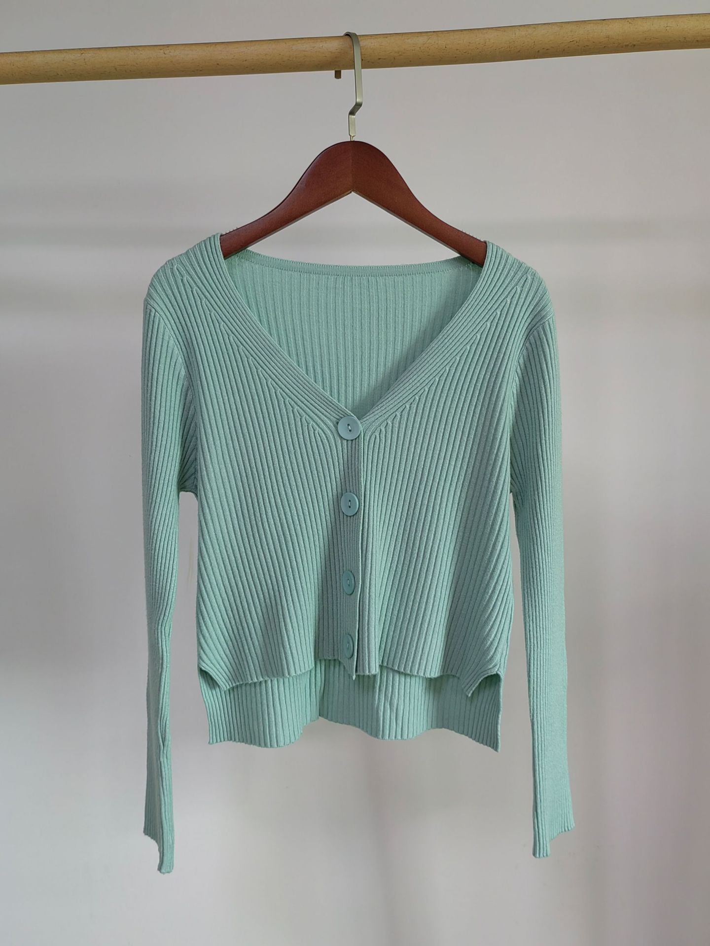 V - neck front short rear long solid color simple knitted sweater cardigan sweater jacket - Negative Apparel