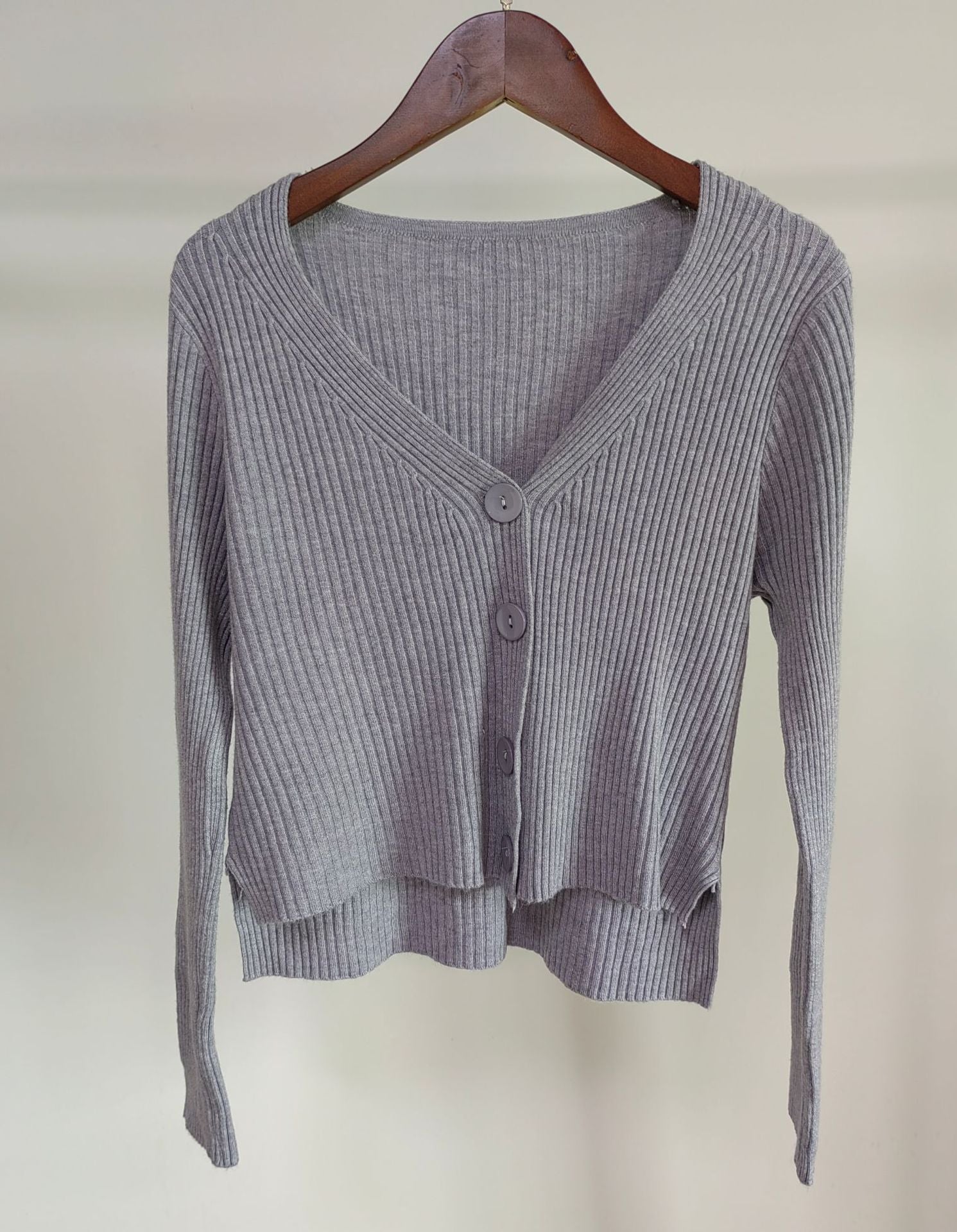 V - neck front short rear long solid color simple knitted sweater cardigan sweater jacket - Negative Apparel