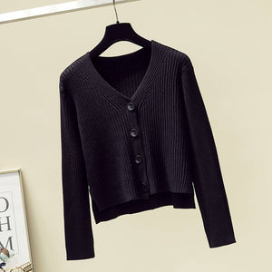 V - neck front short rear long solid color simple knitted sweater cardigan sweater jacket - Negative Apparel