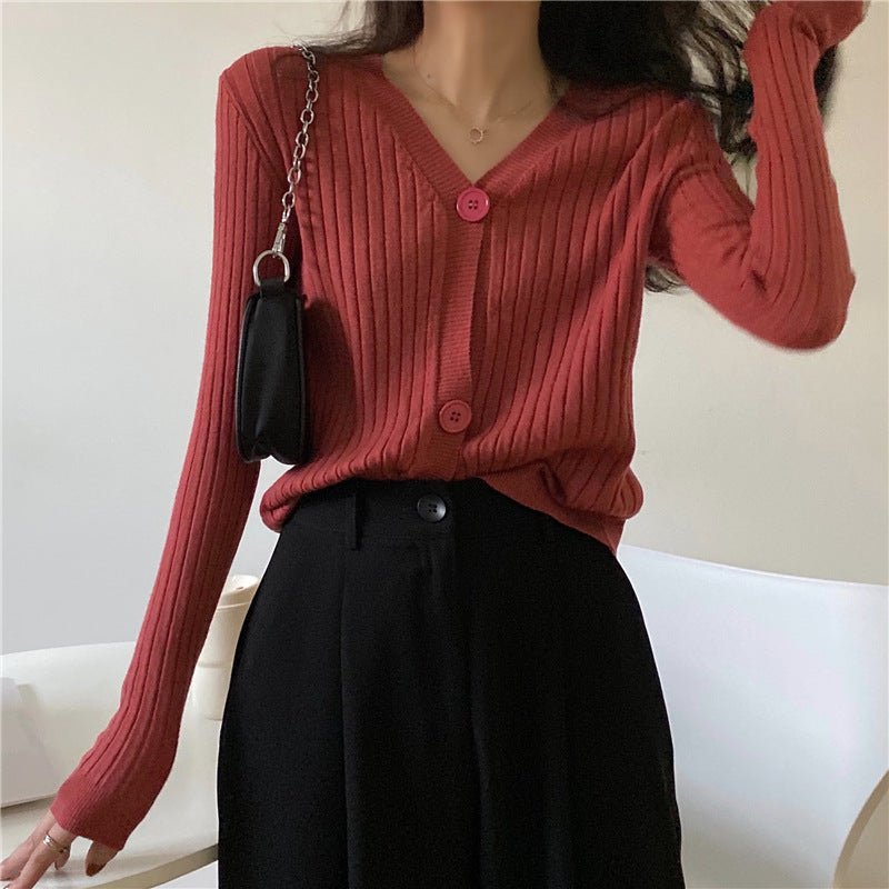 V - neck knitted cardigan top autumn and winter new retro foreign style sweater with long sleeves short jacket women's wholesale - Negative Apparel