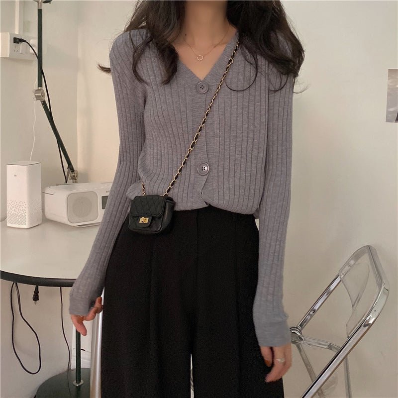 V - neck knitted cardigan top autumn and winter new retro foreign style sweater with long sleeves short jacket women's wholesale - Negative Apparel