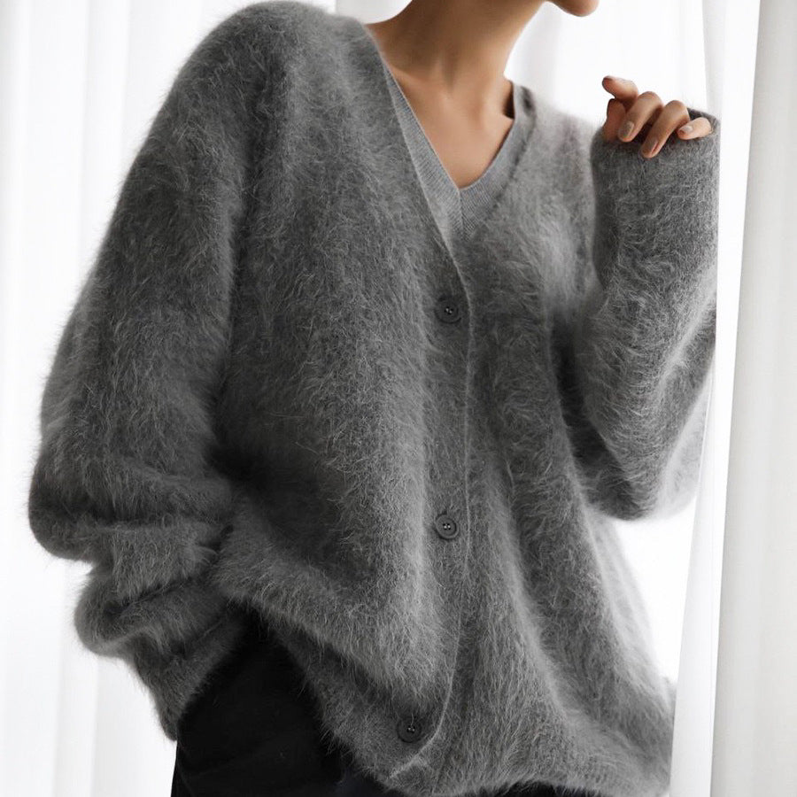 V - neck knitted sweater for women new loose solid color cardigan - Negative Apparel