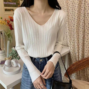 V - neck knitted top for women, Korean style, loose and slim top - Negative Apparel