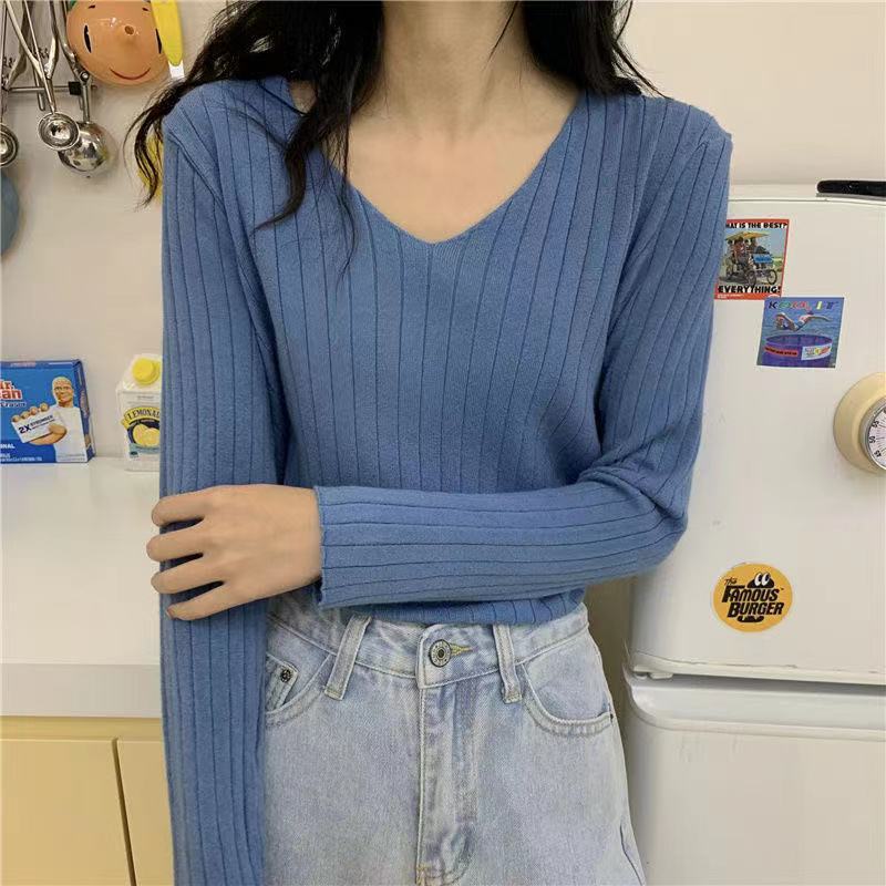 V - neck knitted top for women, Korean style, loose and slim top - Negative Apparel