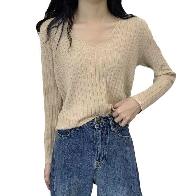 V - neck knitted top for women, Korean style, loose and slim top - Negative Apparel