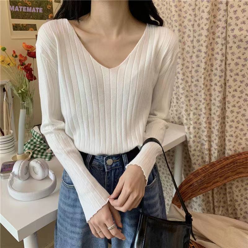 V - neck knitted top for women, Korean style, loose and slim top - Negative Apparel