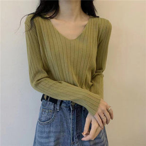 V - neck knitted top for women, Korean style, loose and slim top - Negative Apparel