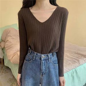 V - neck knitted top for women, Korean style, loose and slim top - Negative Apparel