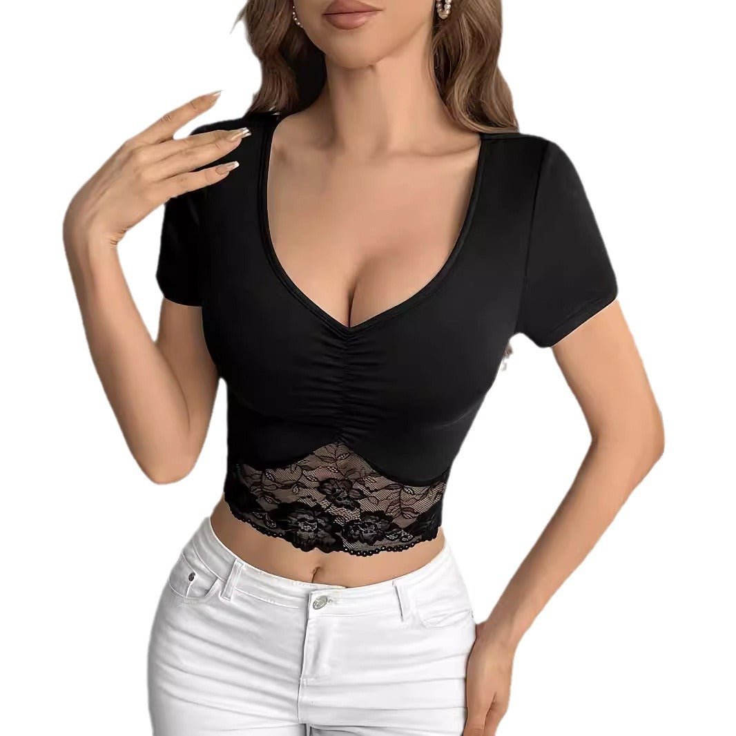 V - neck lace splicing short - sleeved slim - fitting T-shirt slim short top women - Negative Apparel
