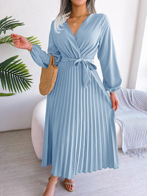 V - neck large swing pleated long dress - Negative Apparel