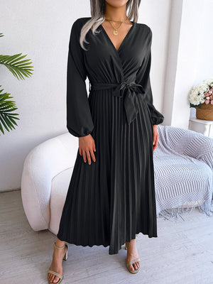 V - neck large swing pleated long dress - Negative Apparel