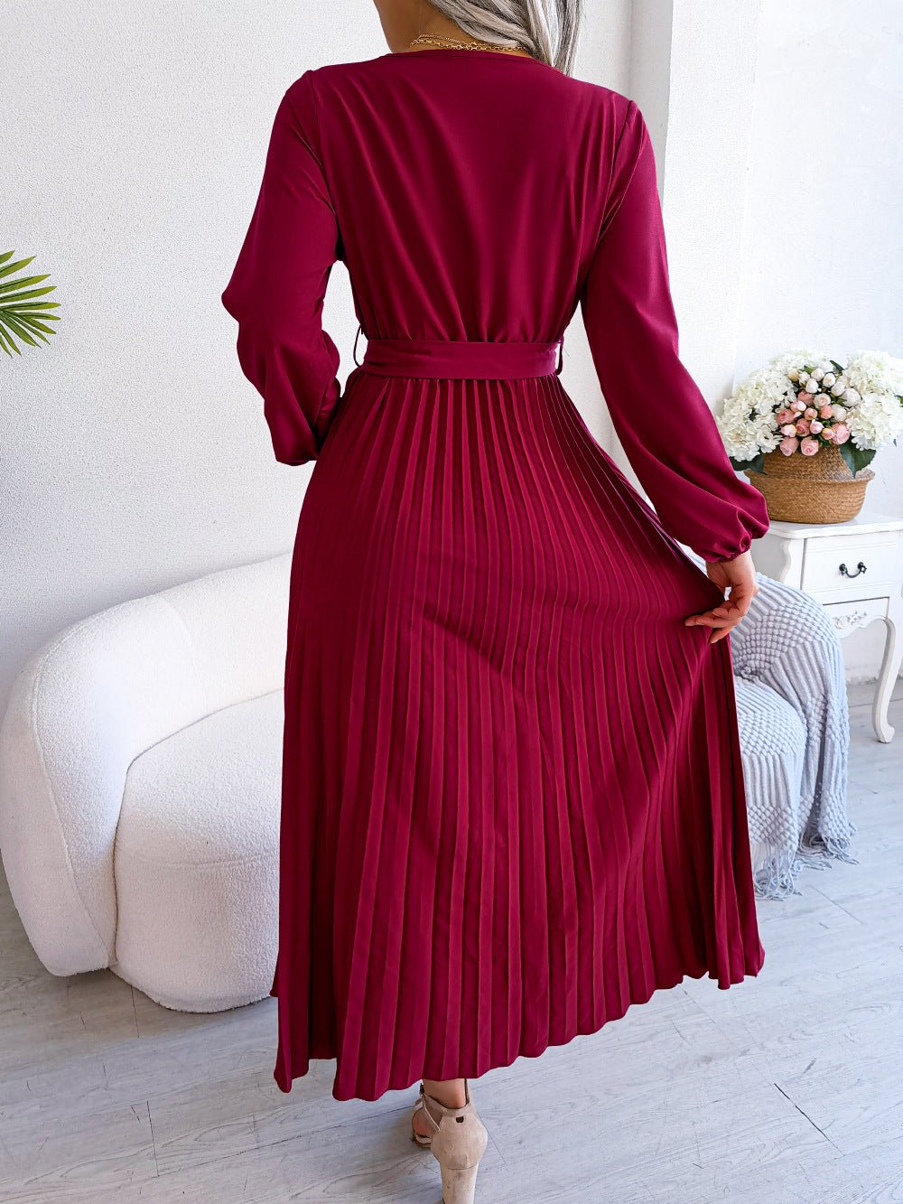 V - neck large swing pleated long dress - Negative Apparel