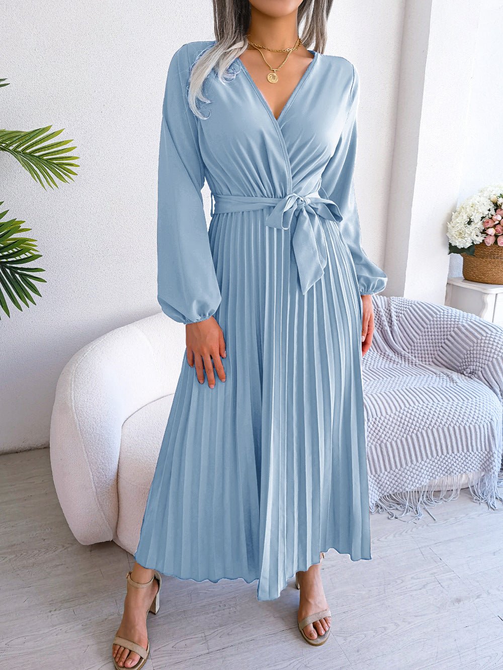 V - neck large swing pleated long dress - Negative Apparel