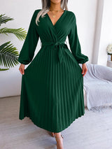 V - neck large swing pleated long dress - Negative Apparel