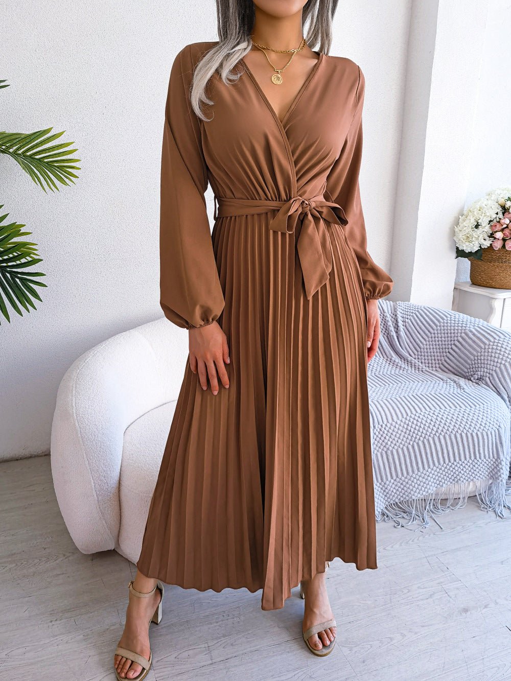 V - neck large swing pleated long dress - Negative Apparel