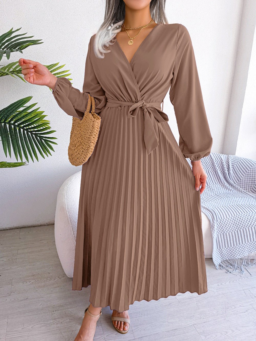 V - neck large swing pleated long dress - Negative Apparel