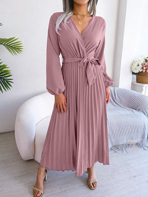 V - neck large swing pleated long dress - Negative Apparel