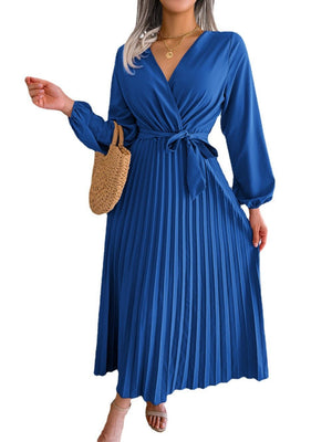 V - neck large swing pleated long dress - Negative Apparel