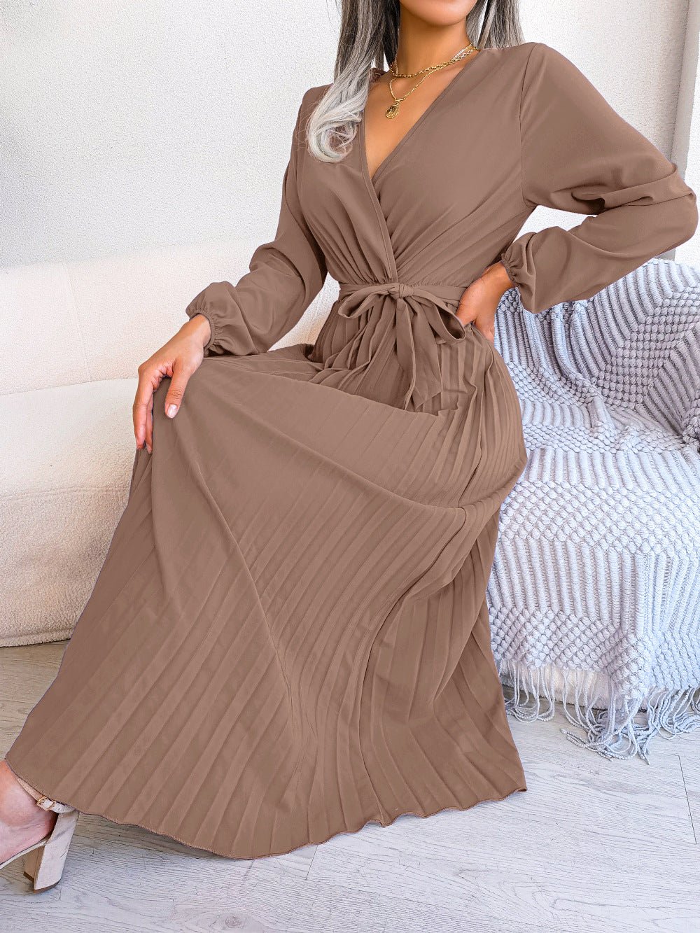 V - neck large swing pleated long dress - Negative Apparel