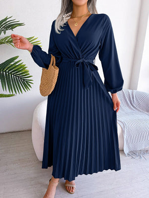 V - neck large swing pleated long dress - Negative Apparel