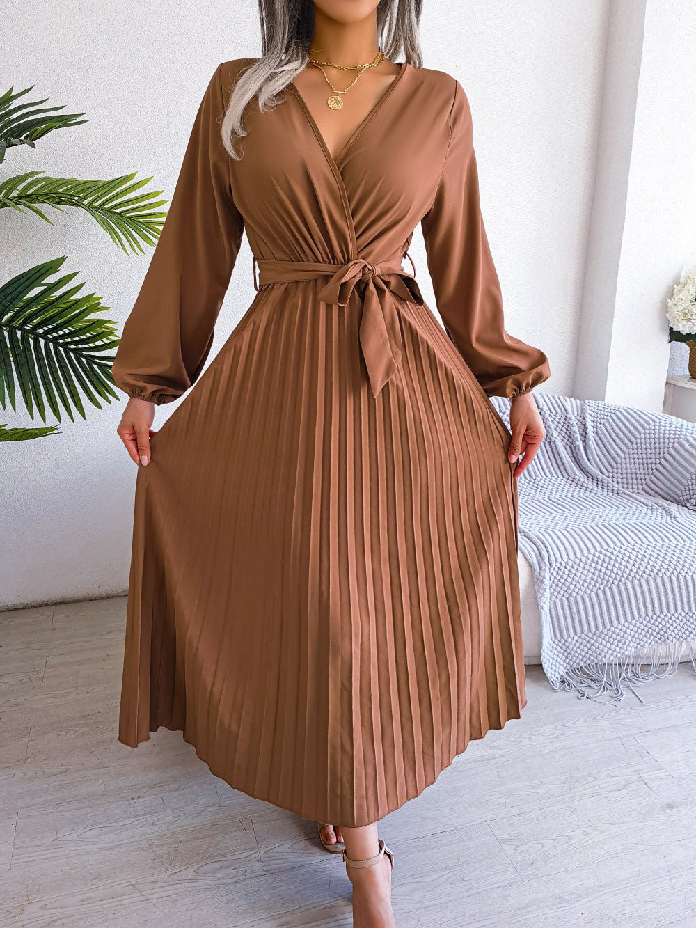 V - neck large swing pleated long dress - Negative Apparel