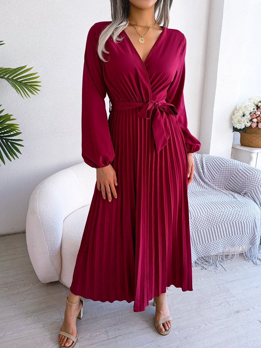 V - neck large swing pleated long dress - Negative Apparel