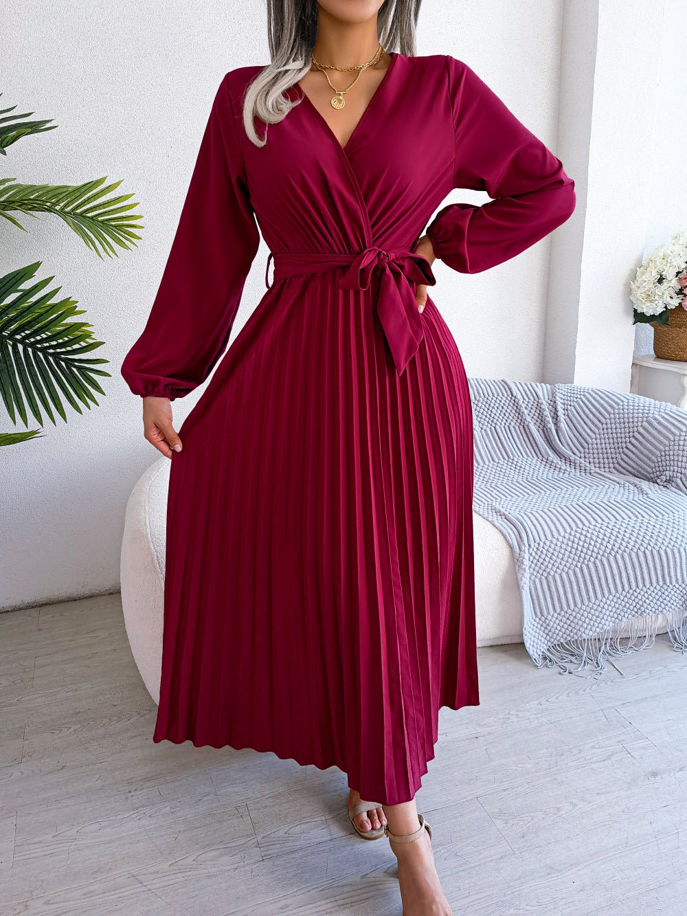 V - neck large swing pleated long dress - Negative Apparel