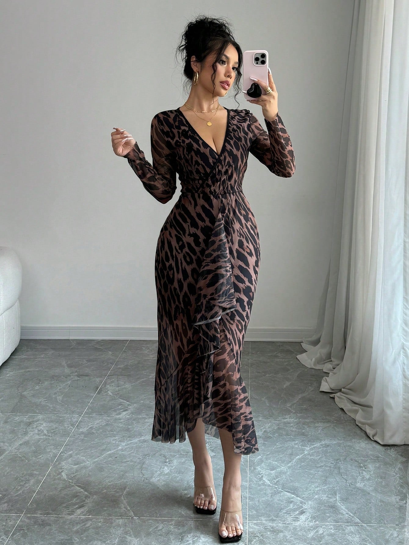 V - Neck Long Sleeve Waisted Elegant And Charming Dress Maxi Women Outfit - Negative Apparel