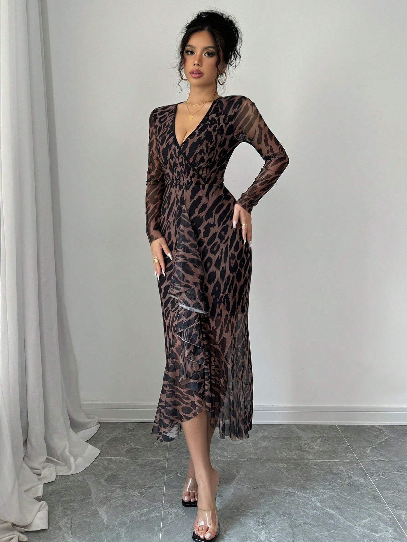 V - Neck Long Sleeve Waisted Elegant And Charming Dress Maxi Women Outfit - Negative Apparel