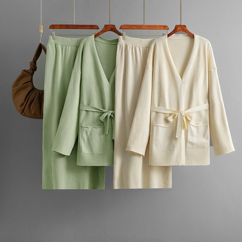 V - neck loose knitted lace - up cardigan jacket + skirt two - piece set - Negative Apparel