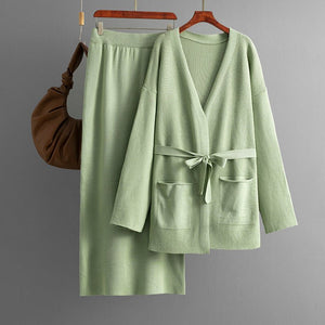 V - neck loose knitted lace - up cardigan jacket + skirt two - piece set - Negative Apparel