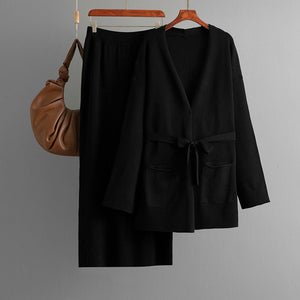 V - neck loose knitted lace - up cardigan jacket + skirt two - piece set - Negative Apparel