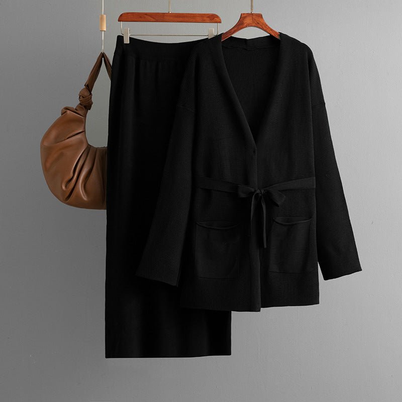V - neck loose knitted lace - up cardigan jacket + skirt two - piece set - Negative Apparel