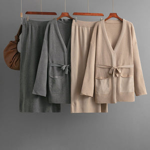 V - neck loose knitted lace - up cardigan jacket + skirt two - piece set - Negative Apparel