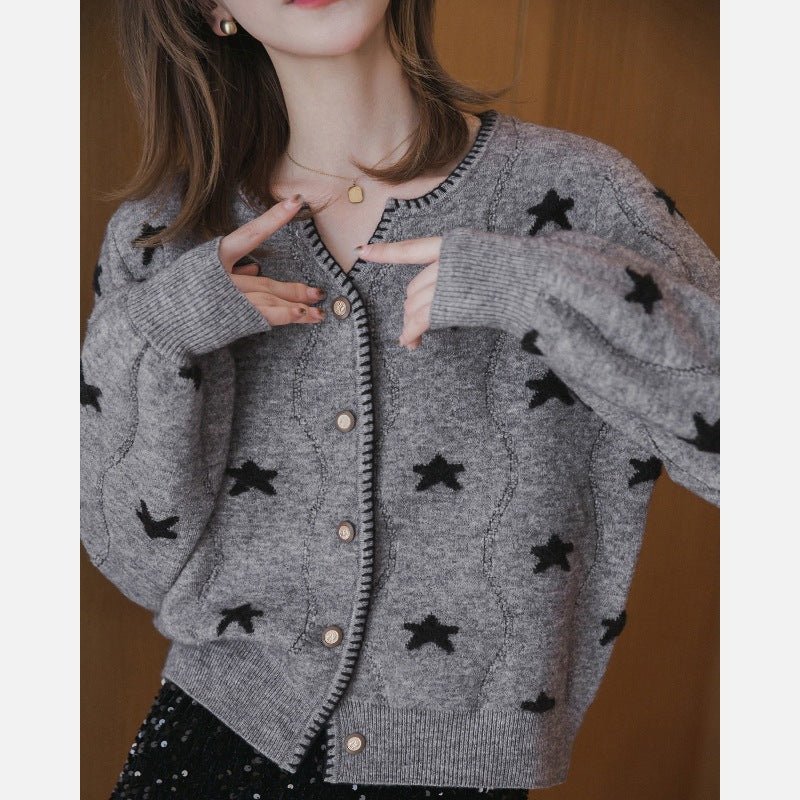 V - neck purple star Korean style knitted cardigan sweater - Negative Apparel