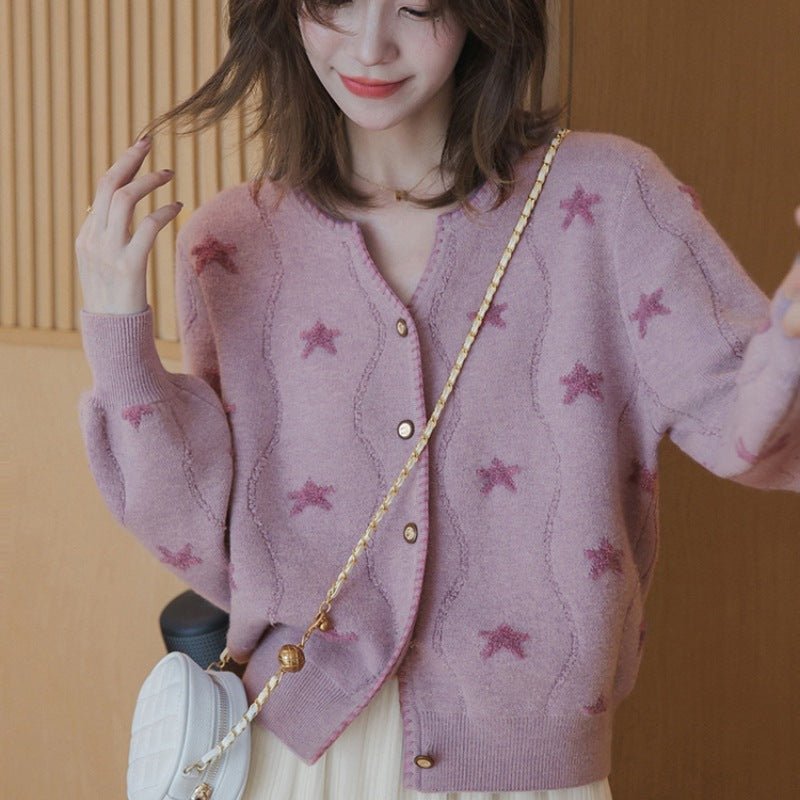 V - neck purple star Korean style knitted cardigan sweater - Negative Apparel