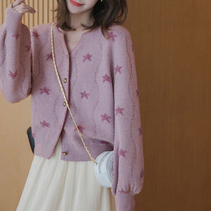 V - neck purple star Korean style knitted cardigan sweater - Negative Apparel