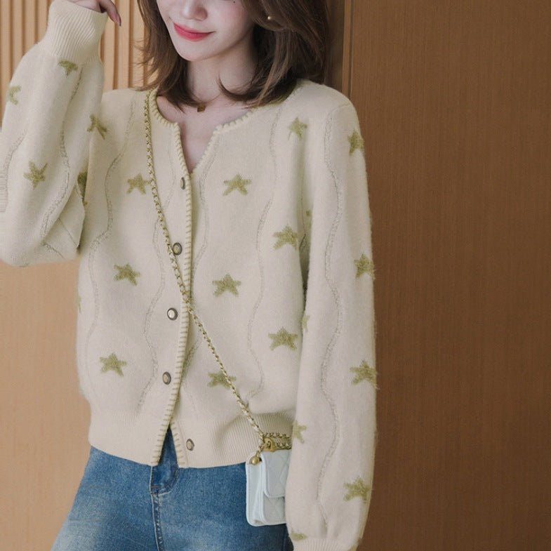 V - neck purple star Korean style knitted cardigan sweater - Negative Apparel