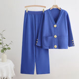 V - neck single - row metal button - down cardigan top wide - leg pants knitted versatile two - piece set - Negative Apparel