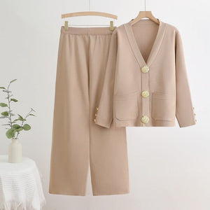 V - neck single - row metal button - down cardigan top wide - leg pants knitted versatile two - piece set - Negative Apparel