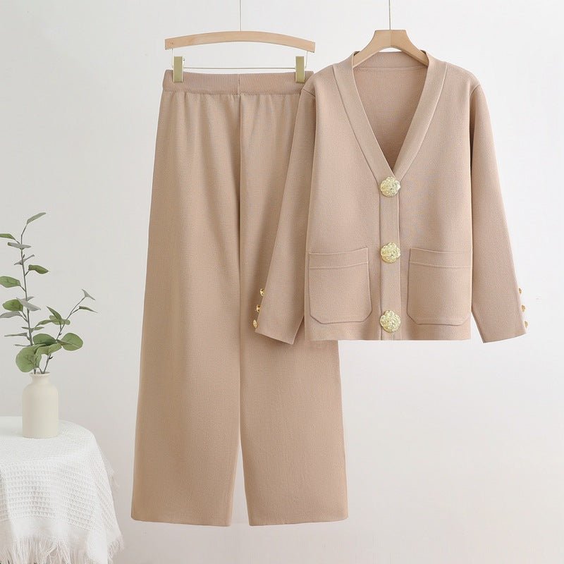 V - neck single - row metal button - down cardigan top wide - leg pants knitted versatile two - piece set - Negative Apparel