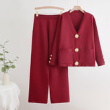 V - neck single - row metal button - down cardigan top wide - leg pants knitted versatile two - piece set - Negative Apparel