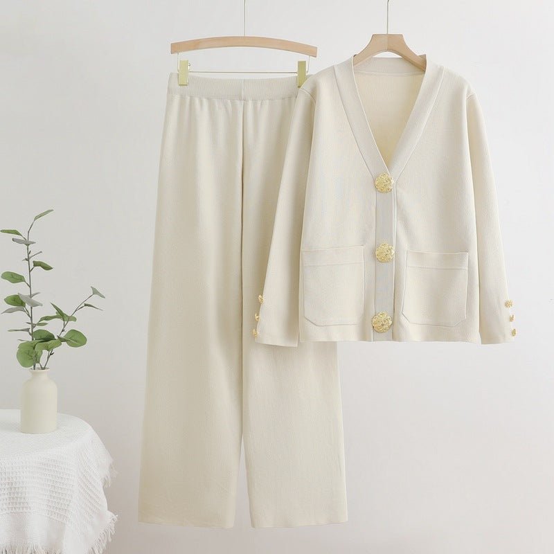 V - neck single - row metal button - down cardigan top wide - leg pants knitted versatile two - piece set - Negative Apparel